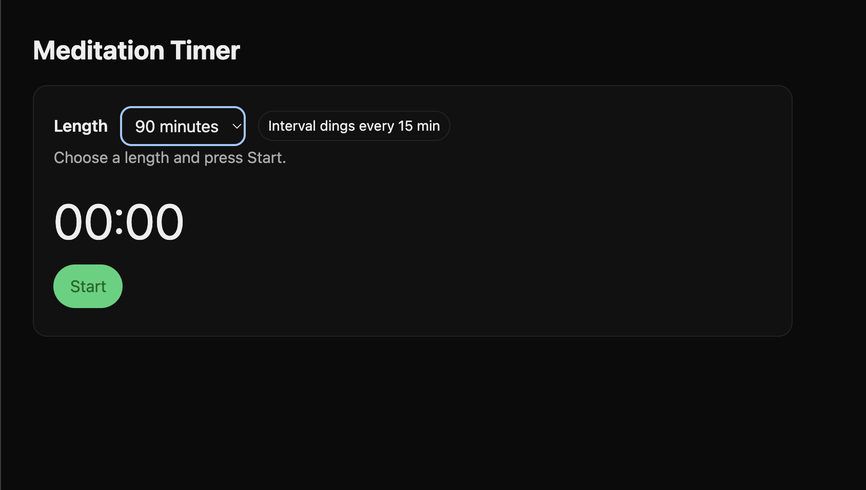 Screenshot of the meditation timer web page